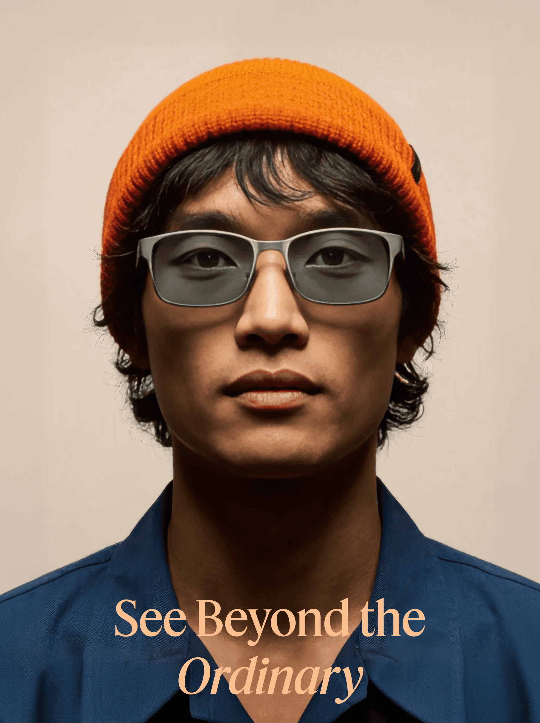 Model in an orange beanie and smart glasses beneath ‘See Beyond the Ordinary’